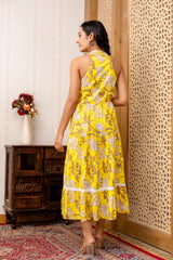 Yellow Floral Printed Fit And Flared Midi Dress