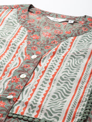 Floral Print Mandarin Collar Pure Cotton Top