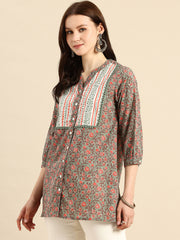 Floral Print Mandarin Collar Pure Cotton Top