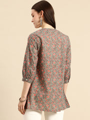 Floral Print Mandarin Collar Pure Cotton Top