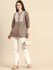 Floral Print Mandarin Collar Pure Cotton Top