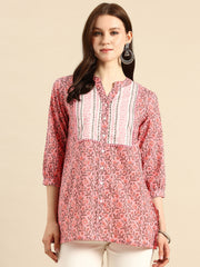 Pink Floral Print Mandarin Collar Pure Cotton Top