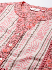 Pink Floral Print Mandarin Collar Pure Cotton Top