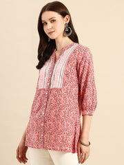 Pink Floral Print Mandarin Collar Pure Cotton Top