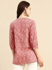 Pink Floral Print Mandarin Collar Pure Cotton Top