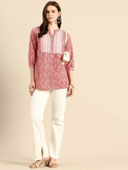 Pink Floral Print Mandarin Collar Pure Cotton Top