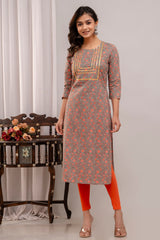 Floral Printed Round Neck Gota Patti Pure Cotton Straight Kurta
