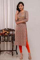 Floral Printed Round Neck Gota Patti Pure Cotton Straight Kurta