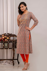 Floral Printed Round Neck Gota Patti Pure Cotton Straight Kurta