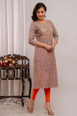 Floral Printed Round Neck Gota Patti Pure Cotton Straight Kurta