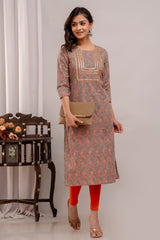 Floral Printed Round Neck Gota Patti Pure Cotton Straight Kurta
