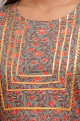 Floral Printed Round Neck Gota Patti Pure Cotton Straight Kurta