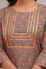 Floral Printed Round Neck Gota Patti Pure Cotton Straight Kurta