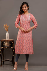 Peach Printed Cotton Kurta