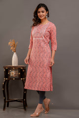 Peach Printed Cotton Kurta