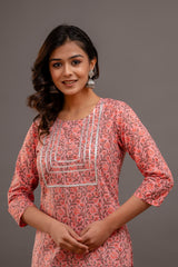 Peach Printed Cotton Kurta