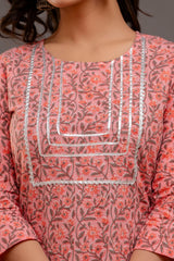 Peach Printed Cotton Kurta