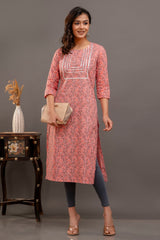 Peach Printed Cotton Kurta