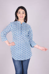 Indigo Geometric Print High Neck Cotton Shirt Style Top