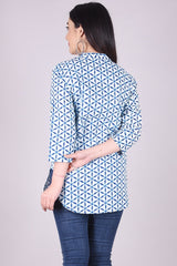 Indigo Geometric Print High Neck Cotton Shirt Style Top
