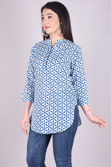 Indigo Geometric Print High Neck Cotton Shirt Style Top