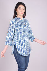 Indigo Geometric Print High Neck Cotton Shirt Style Top