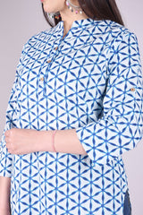 Indigo Geometric Print High Neck Cotton Shirt Style Top
