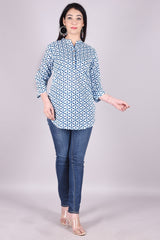 Indigo Geometric Print High Neck Cotton Shirt Style Top