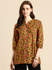 Mustard Floral Print Mandarin Collar Pure Cotton Top