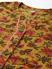 Mustard Floral Print Mandarin Collar Pure Cotton Top