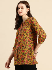 Mustard Floral Print Mandarin Collar Pure Cotton Top