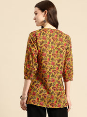 Mustard Floral Print Mandarin Collar Pure Cotton Top