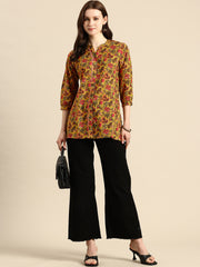 Mustard Floral Print Mandarin Collar Pure Cotton Top