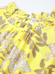 Yellow Floral Printed Puff Sleeve Empire Dress