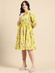 Yellow Floral Printed Puff Sleeve Empire Dress