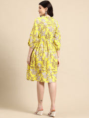 Yellow Floral Printed Puff Sleeve Empire Dress
