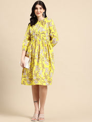 Yellow Floral Printed Puff Sleeve Empire Dress