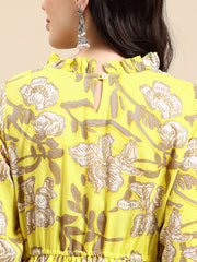 Yellow Floral Printed Puff Sleeve Empire Dress