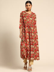 Red Floral Printed A-Line Kurta