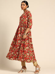 Red Floral Printed A-Line Kurta