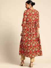 Red Floral Printed A-Line Kurta