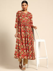 Red Floral Printed A-Line Kurta