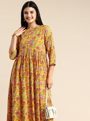 Yellow Floral Printed A-Line Kurta