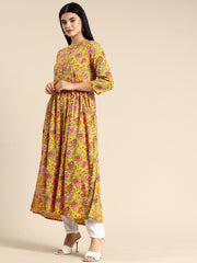 Yellow Floral Printed A-Line Kurta