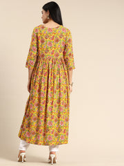 Yellow Floral Printed A-Line Kurta