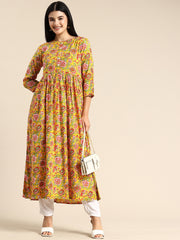 Yellow Floral Printed A-Line Kurta