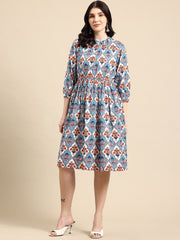 Blue and orange Print Dress
