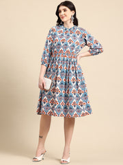 Blue and orange Print Dress