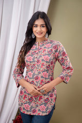 Floral Print Shirt Collar Cotton Longline Top