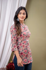 Floral Print Shirt Collar Cotton Longline Top